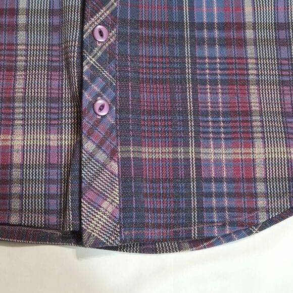VINTAGE MENS MEDIUM 60'S 70'S POLY HEAVY LS SHIRT WING COLLAR PLAID PURPLE - Picture 5 of 8